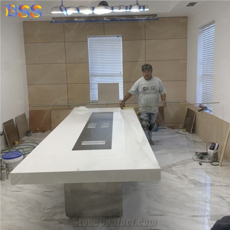 10' Conference Table On Sale White Quartz With Power Socket