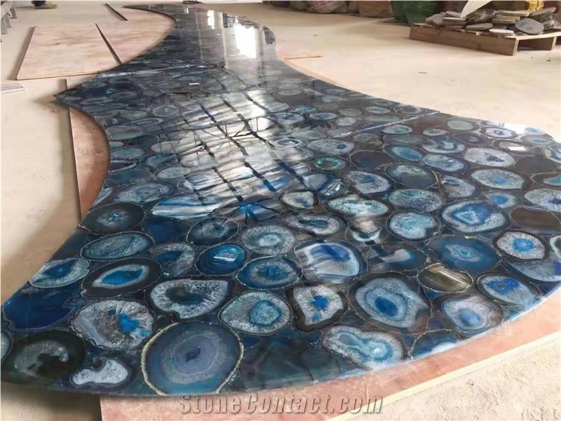 Backlit Blue Agate Semiprecious Stone Wall Cladding Panels