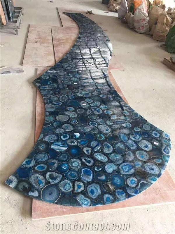 Backlit Blue Agate Semiprecious Stone Wall Cladding Panels