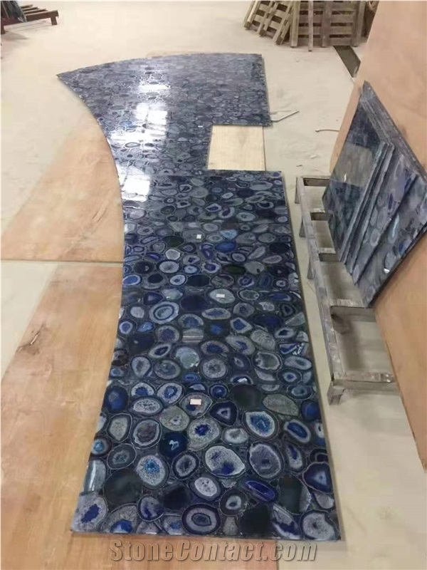 Backlit Blue Agate Semiprecious Stone Wall Cladding Panels