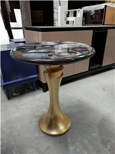Brown Semiprecious Stone Coffee Table With Brass Stand