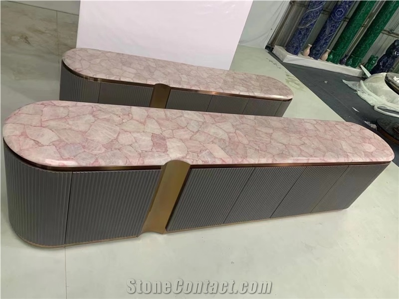 Grey Amethyst Semiprecious Stone Coffee Table Top With Metal Stands Furniture
