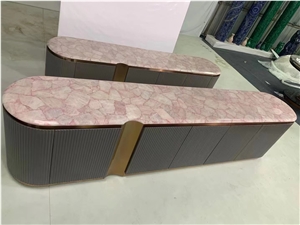 Grey Amethyst Semiprecious Stone Coffee Table Top With Metal Stands Furniture