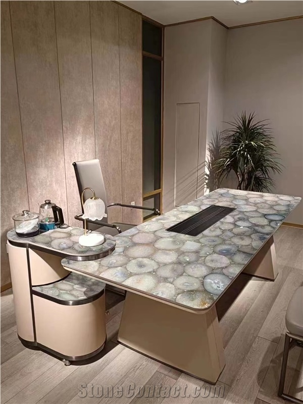 Grey Amethyst Semiprecious Stone Coffee Table Top With Metal Stands Furniture