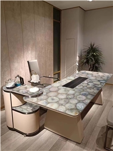 Grey Amethyst Semiprecious Stone Coffee Table Top With Metal Stands Furniture