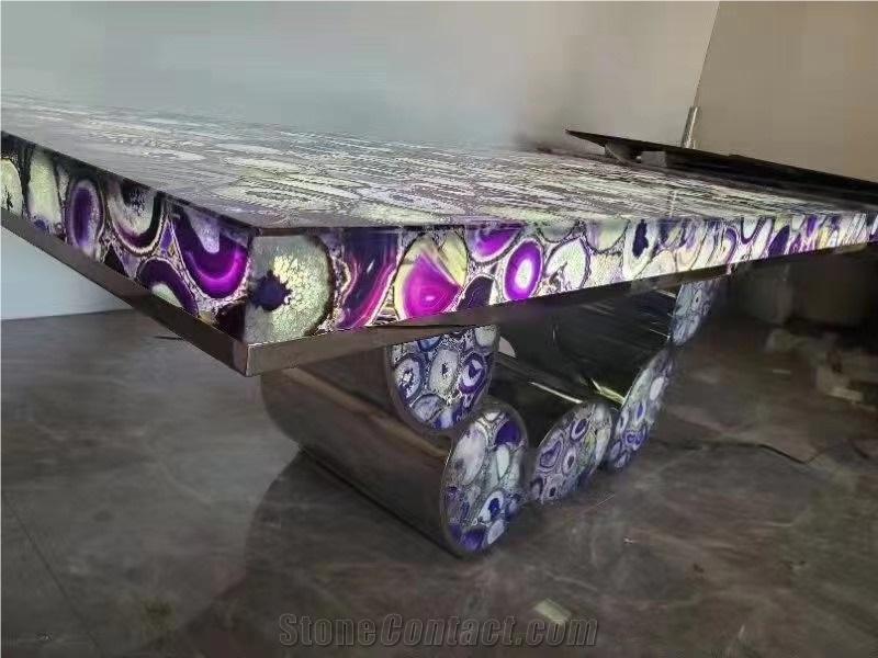 Semiprecious Art Furniture Backlit Lilac Agate Dining Table