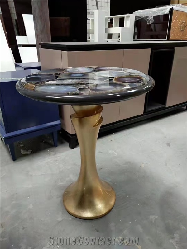 Semiprecious Stone Coffee Table Rose Agate Side Cafe Table