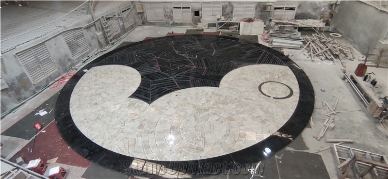 Round Marble Kenya Black Mosaic Lobby Floor Carpet Medallion