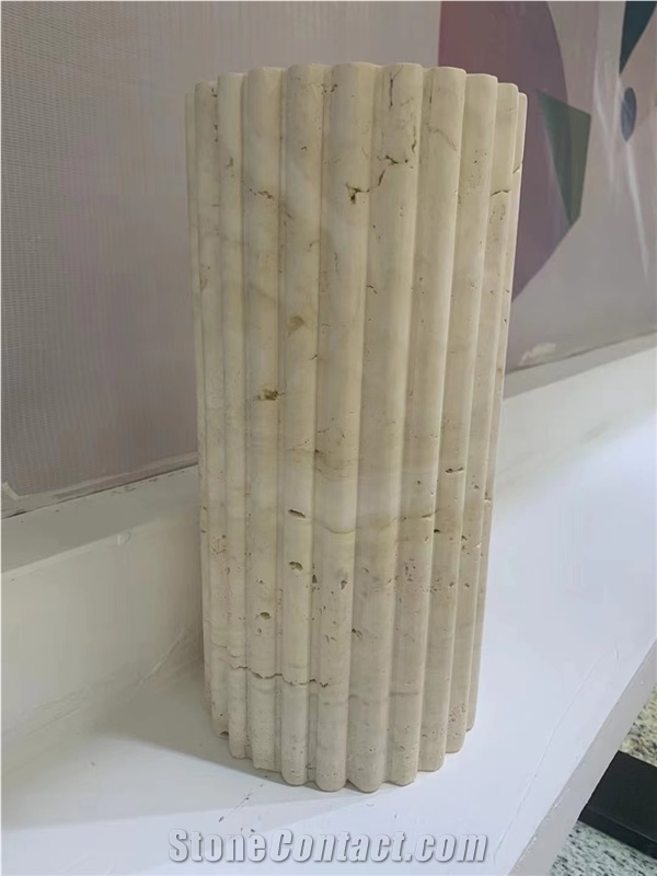 Stone Furniture Fluted Beige Travertine Plinth Side Table
