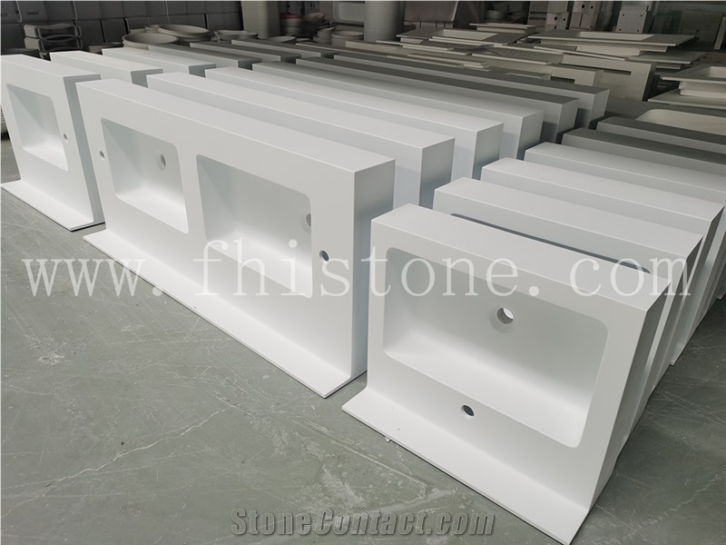 Pure White Acrylic Top Double Sink Bathroom Top, Solid Surface Vanity Unit