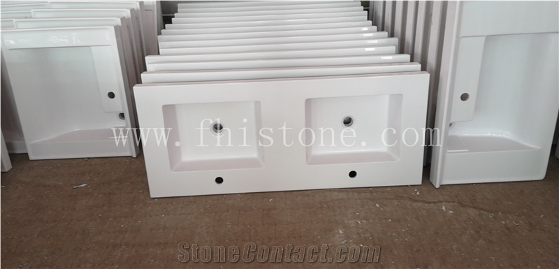 Pure White Acrylic Top Double Sink Bathroom Top, Solid Surface Vanity Unit