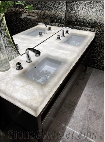 Backlit White Crystal Quartz Semiprecious Stone Hand Washing Sink
