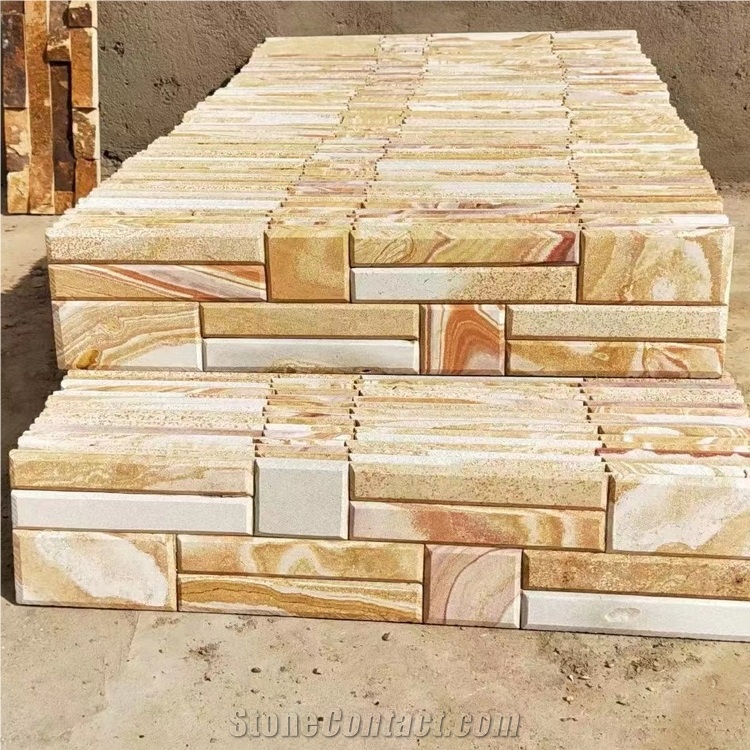 P014 Yellow Wooden Wall Cladding Stacked Stone Veneer