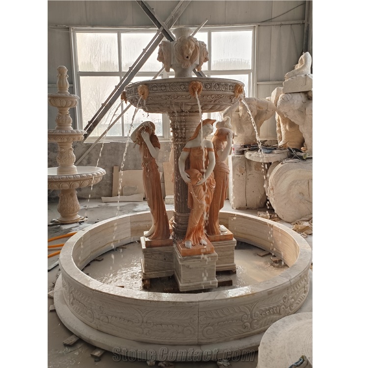 Sunset Red Marble Garden Lion Fountain Carving Marble