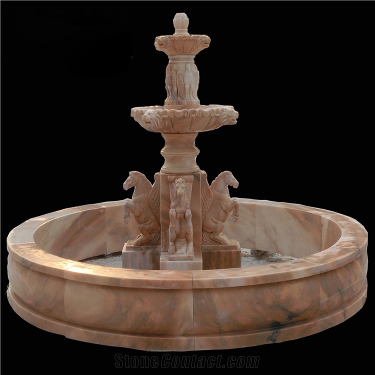 Sunset Red Marble Garden Lion Fountain Carving Marble