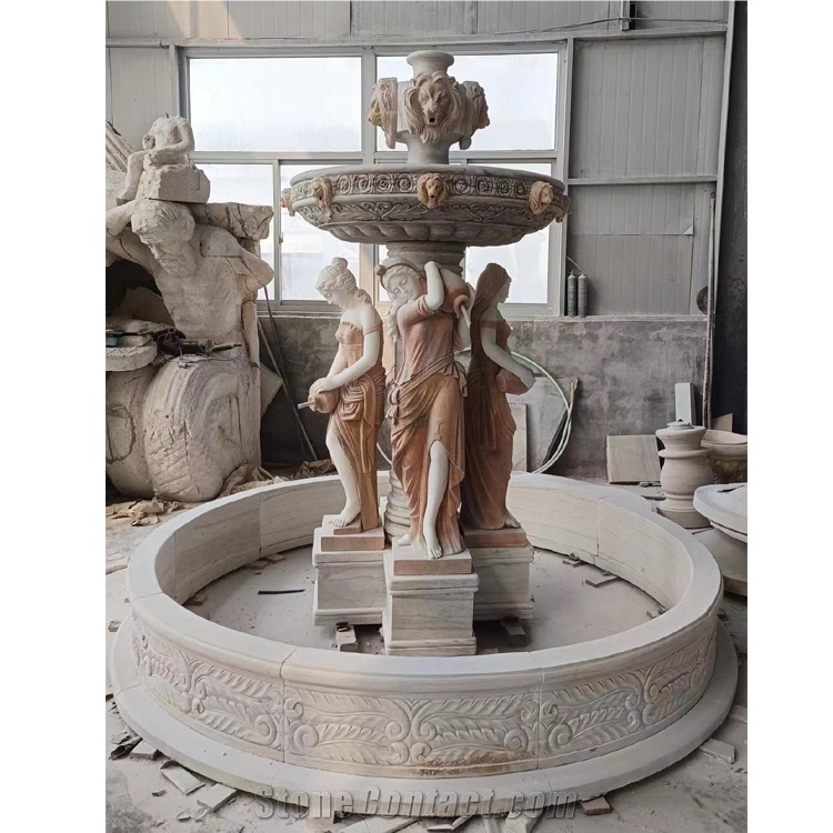 Sunset Red Marble Garden Lion Fountain Carving Marble