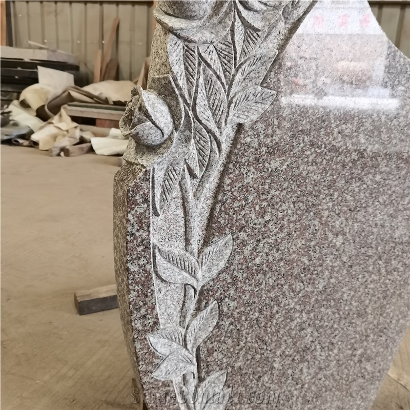 China G664 Pink Granite Flower Carving Headstones