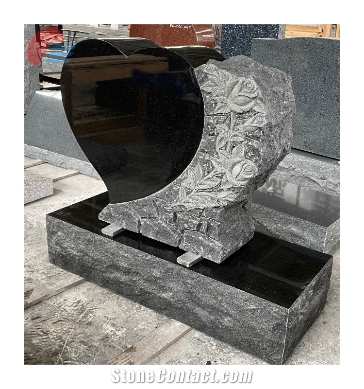 Hand Carved Heart Shape And Roses Carved Headstone
