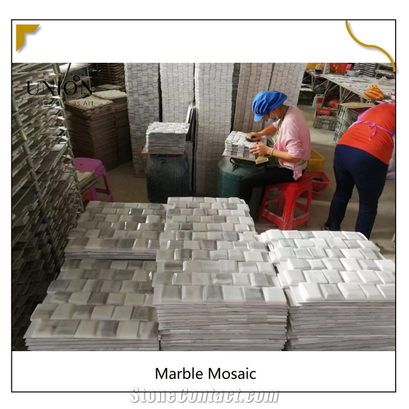 UNION DECO 3D White Marble Beveled Polished Tile Stone Mosaic Square