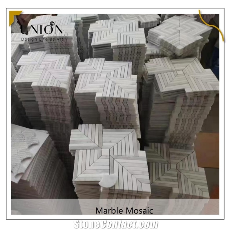 UNION DECO 3D White Marble Beveled Polished Tile Stone Mosaic Square