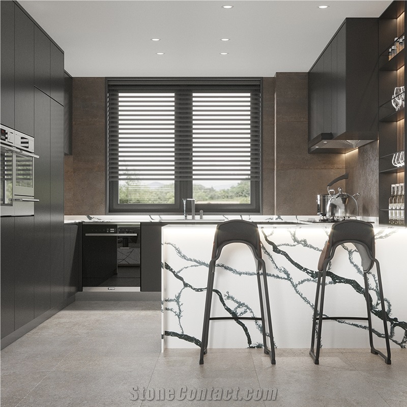 DXQ8035 Carrara Black Vein Quartz Stone Glossy Slabs