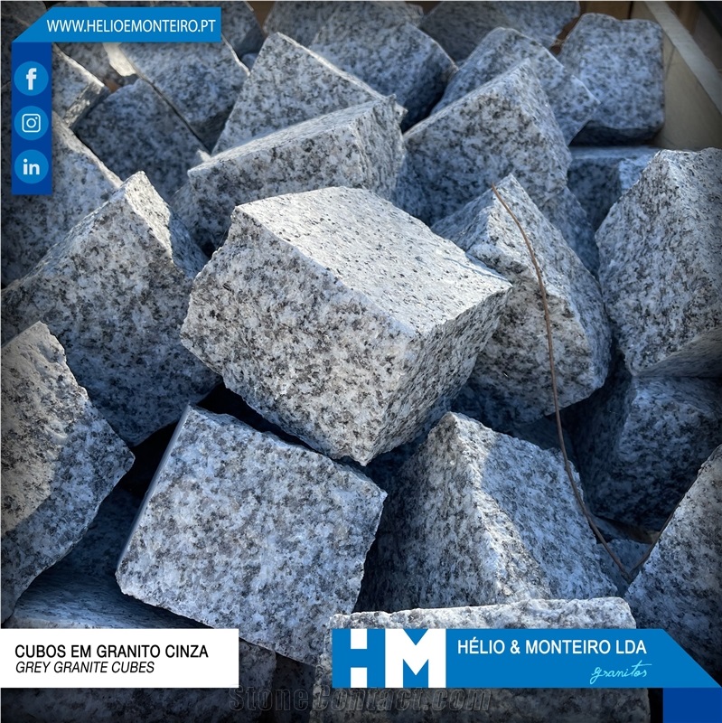 Cube Stone 10X10x8cm, Light Grey Granite, Shotblasted+Split Cobble Stone