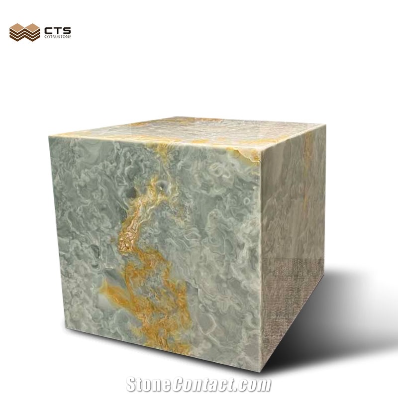Natural Stone Cube Base Pedestal Gold And Blue Onyx Plinth