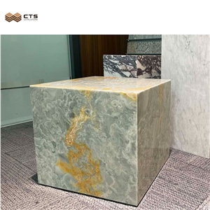 Natural Stone Cube Base Pedestal Gold And Blue Onyx Plinth