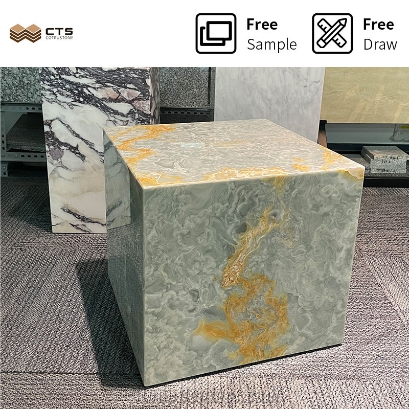 Natural Stone Cube Base Pedestal Gold And Blue Onyx Plinth