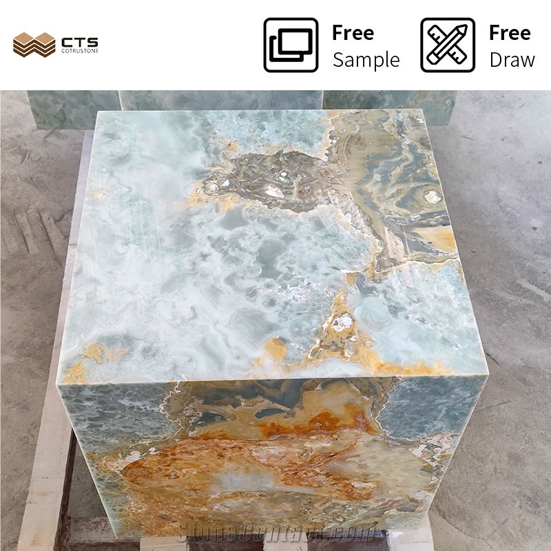Natural Stone Cube Base Pedestal Gold And Blue Onyx Plinth