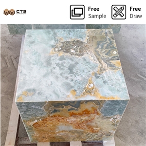Natural Stone Cube Base Pedestal Gold And Blue Onyx Plinth