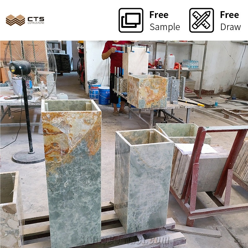 Natural Stone Cube Base Pedestal Gold And Blue Onyx Plinth