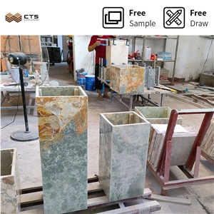 Natural Stone Cube Base Pedestal Gold And Blue Onyx Plinth