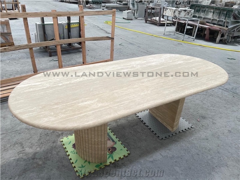 Oval Beige Travertine Dining Table Top With Scalloped Edges