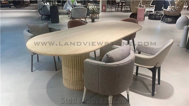 Oval Beige Travertine Dining Table Top With Scalloped Edges