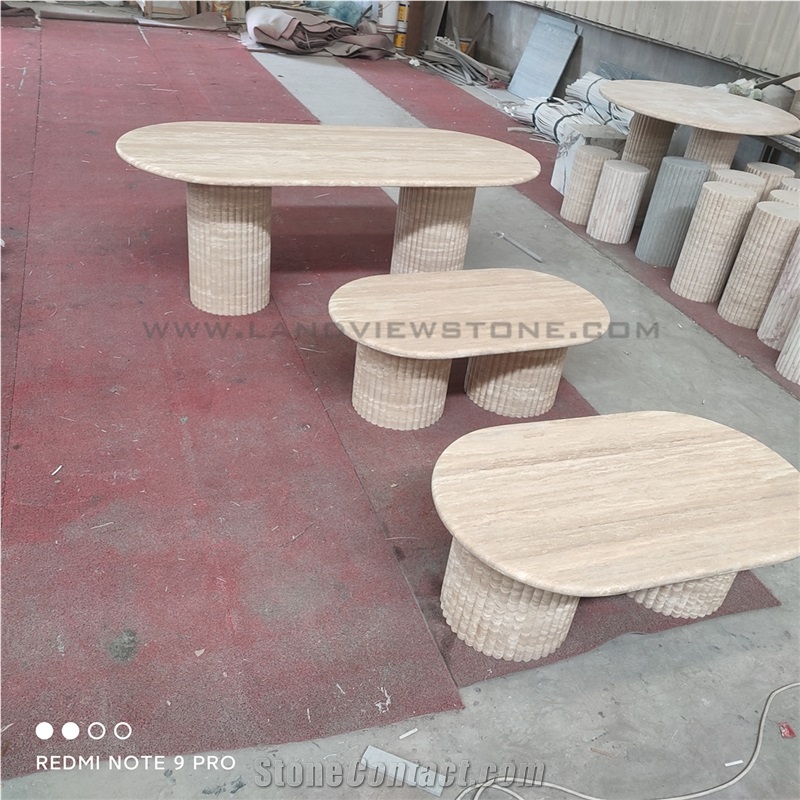 Oval Beige Travertine Dining Table Top With Scalloped Edges
