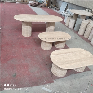 Oval Beige Travertine Dining Table Top With Scalloped Edges