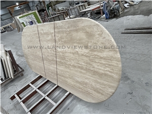 Oval Beige Travertine Dining Table Top With Scalloped Edges