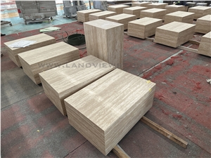 Plinth Low Beige Travertine Block Square Coffee Tables