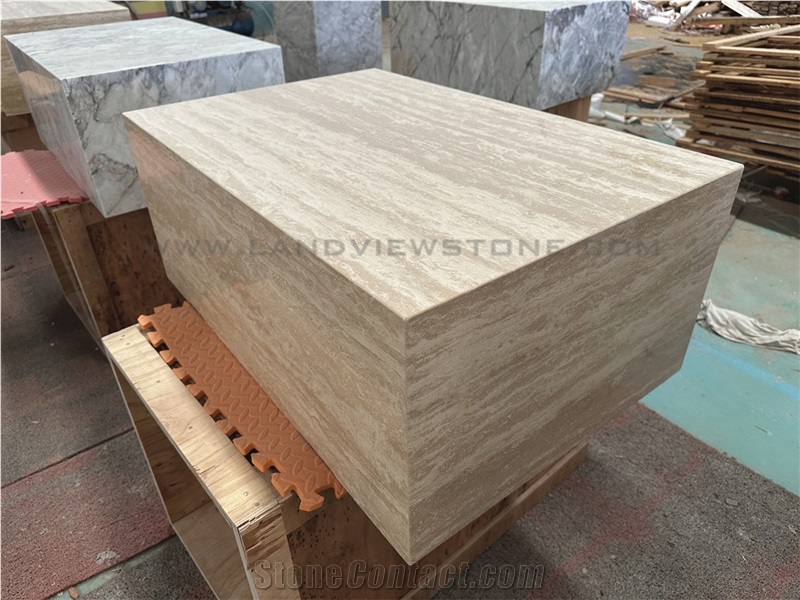 Plinth Low Beige Travertine Block Square Coffee Tables