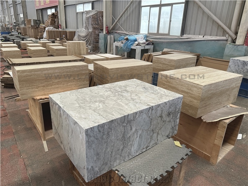 Plinth Low Beige Travertine Block Square Coffee Tables