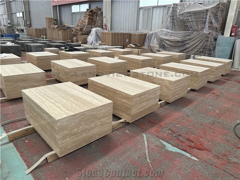 Plinth Low Beige Travertine Block Square Coffee Tables