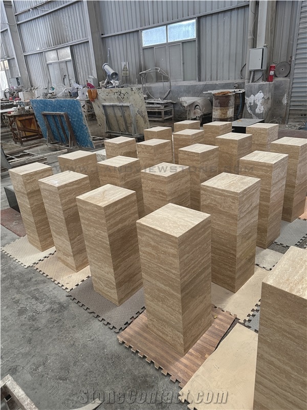 Plinth Low Beige Travertine Block Square Coffee Tables