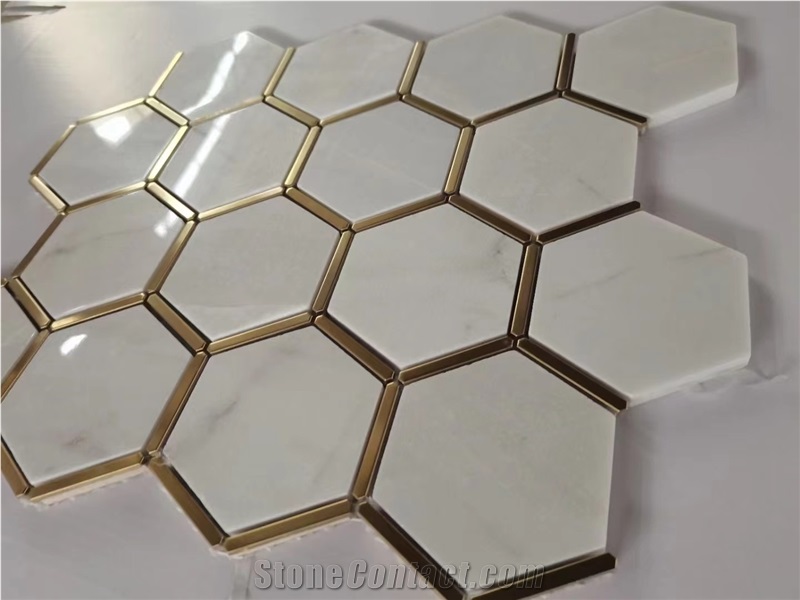 Marble Carrara Hexagon Mosaic With Brass Chevron Wall Tiles, Backsplash Tiles