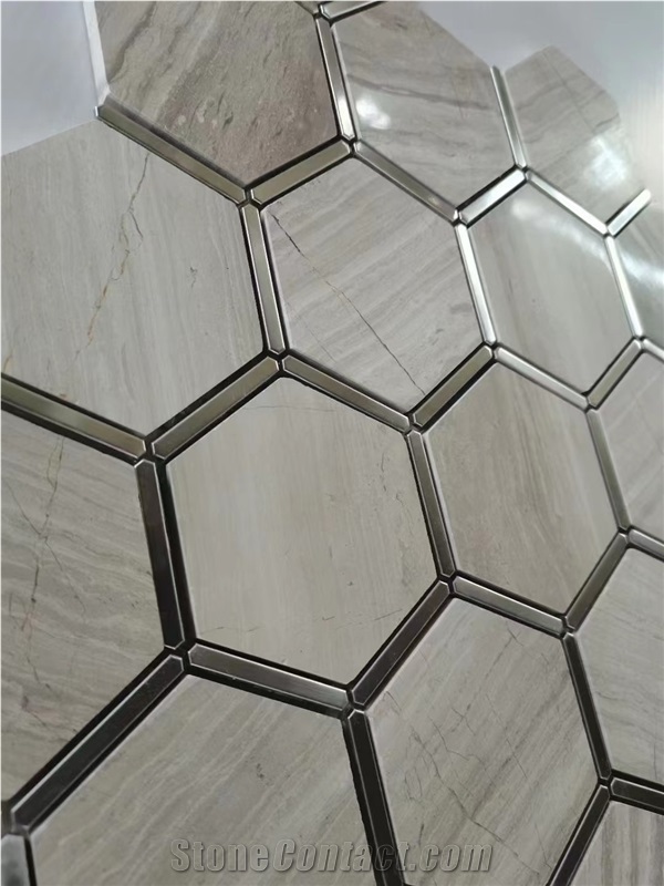 Marble White Wood Hexagon Mosaic Brass Chevron Bathroom Tile