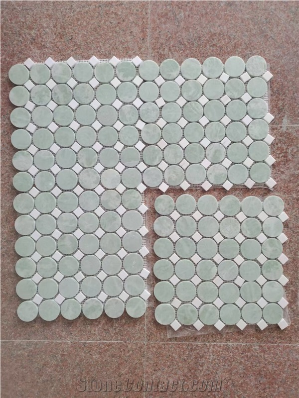 Penny Round Light Greenjade Mosaic Square Thassos Backsplash