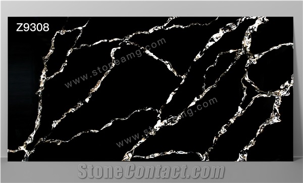 Black Color Calacatta Quartz Slab Golden Veins