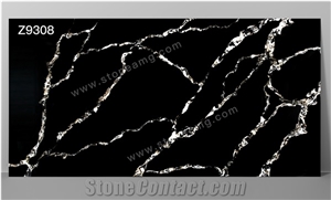 Black Color Calacatta Quartz Slab Golden Veins