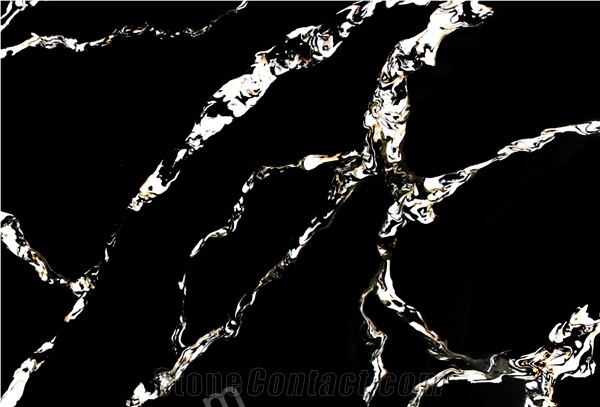Black Color Calacatta Quartz Slab Golden Veins