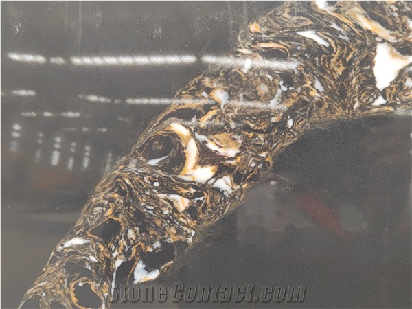 Black Color Calacatta Quartz Slab Golden Veins